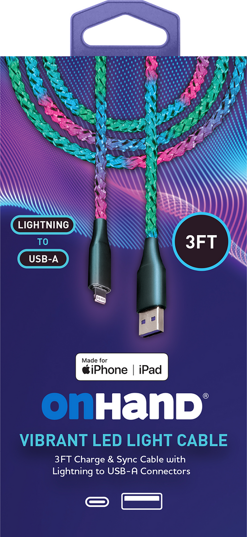 OnHand Vibrant LED Light Charge & Sync Cable, - ONLINE ONLY