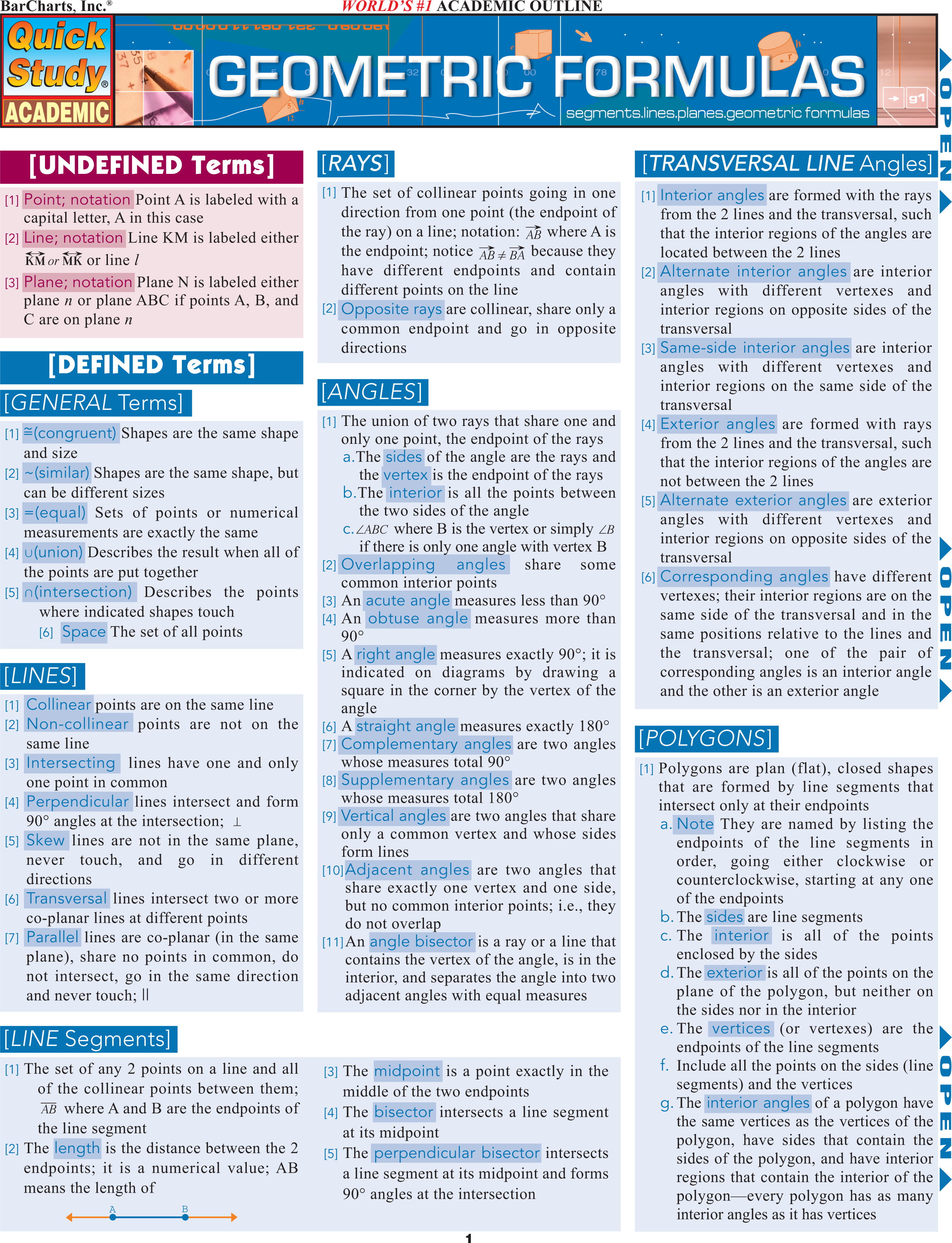 Geometric Formulas Laminate Reference Chart : Segments, Lines, Planes, Geometric Formulas